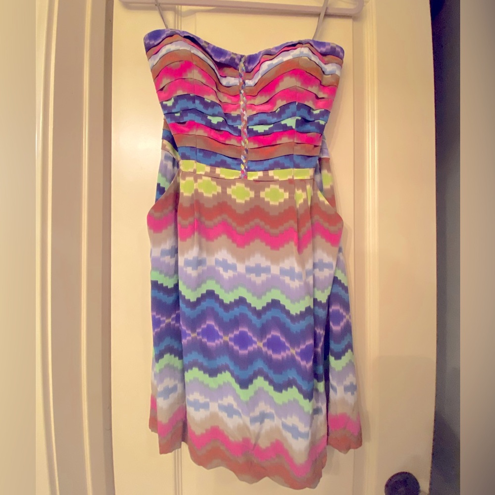 Charlie Jade strapless silk dress Aztec pattern size Large